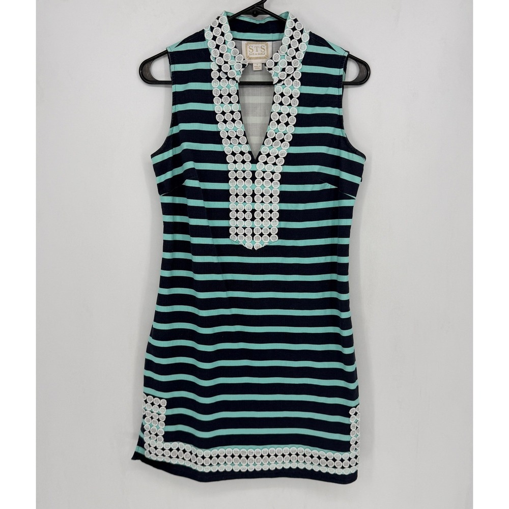 Sail to Sable Dress Small Blue Striped Sleeveless Shift Lace Trim Preppy Coastal